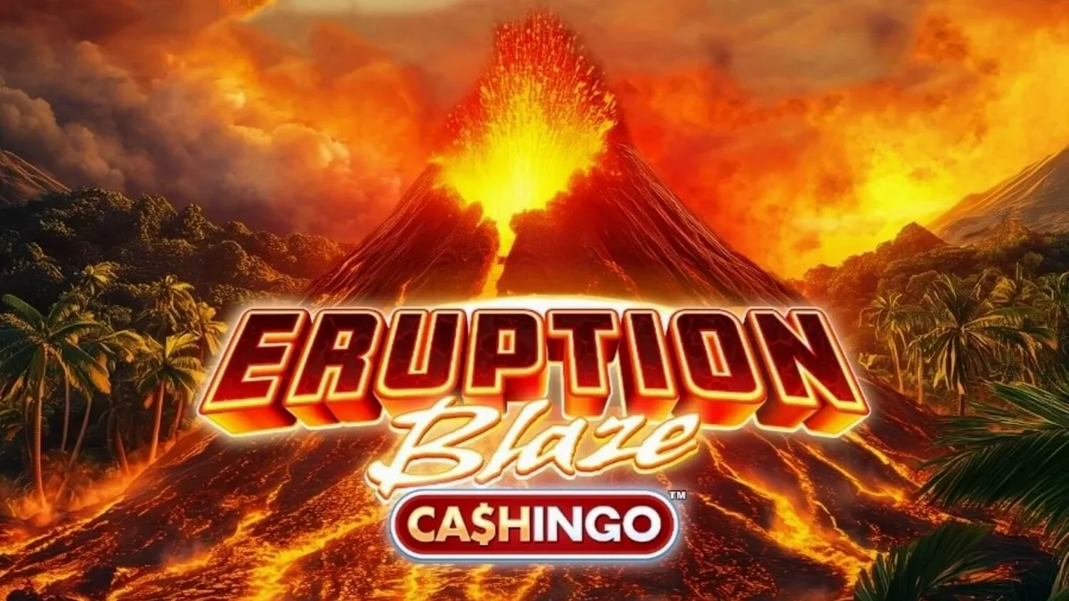 Tampilan visual slot Eruption Blaze Cashingo dengan latar belakang gunung berapi.